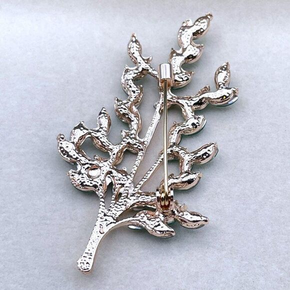 Rose Gold with Emerald Green Crystal Tree Branch with Leaves Pin Back Brooch - Picture 8 of 9